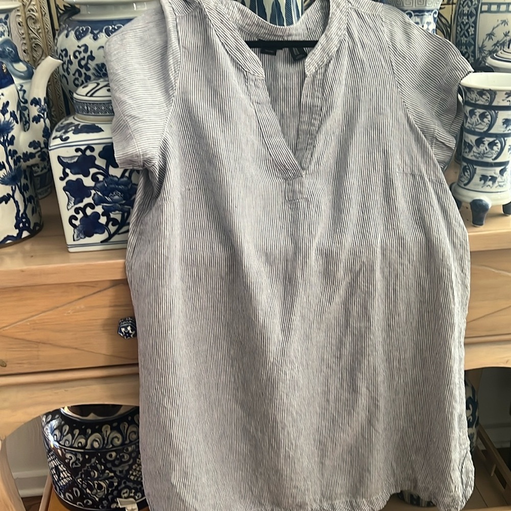 Tahari Light Blue and White Pinstripe Cap-Sleeve Tunic Dress